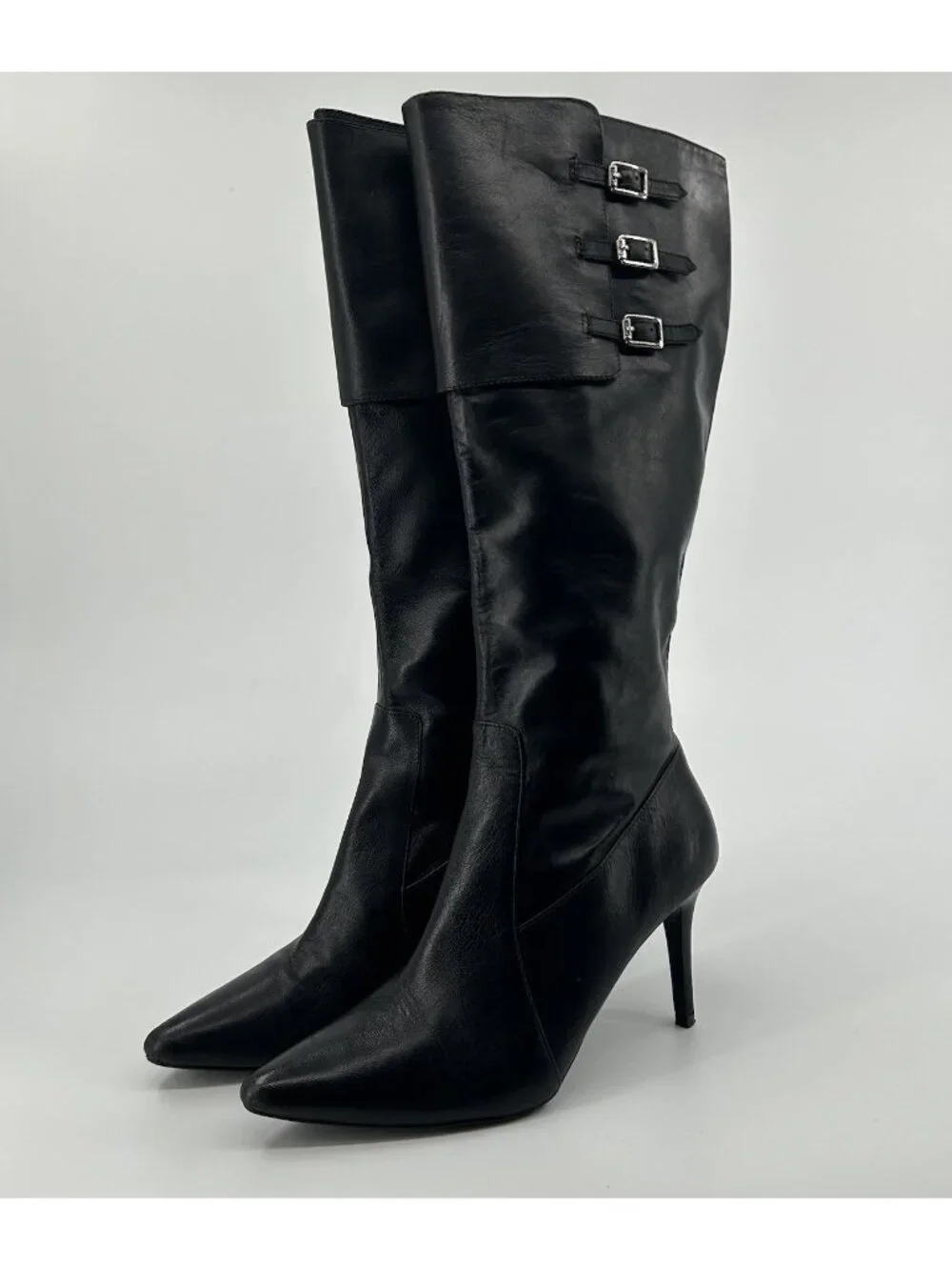 Ralph Lauren Jennison Boots 7.5B Leather Pointed Toe Stiletto Knee High Buckle